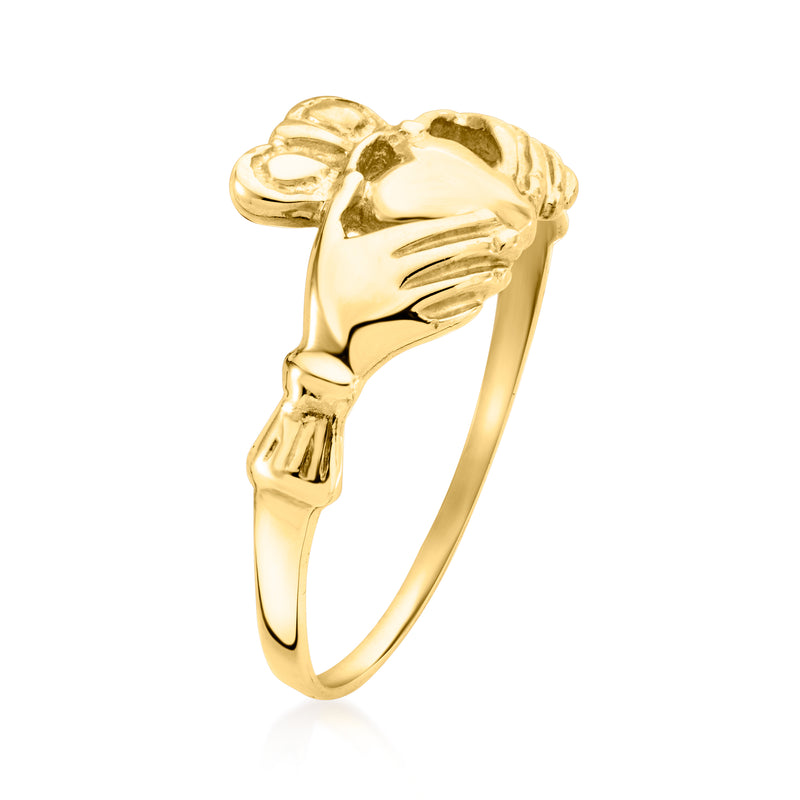 14kt yellow gold Claddagh ring, side view with heart and crown detail