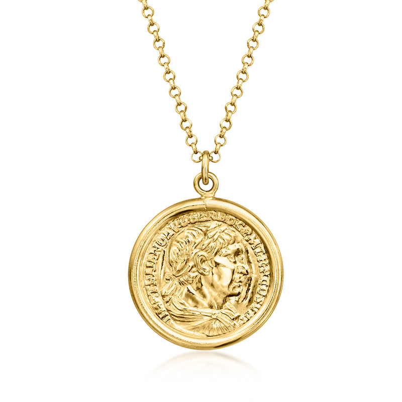 Gold coin pendant necklace with round embossed portrait medallion
