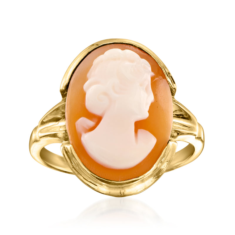 10kt yellow gold ring with oval brown shell cameo portrait