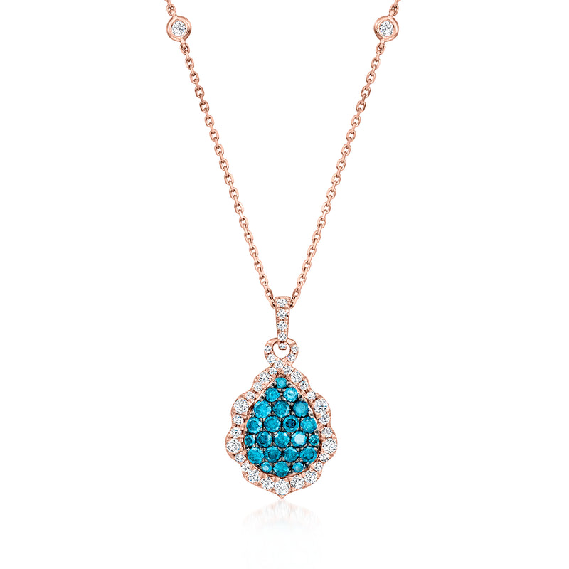 14kt rose gold diamond teardrop pendant necklace with blue center and halo