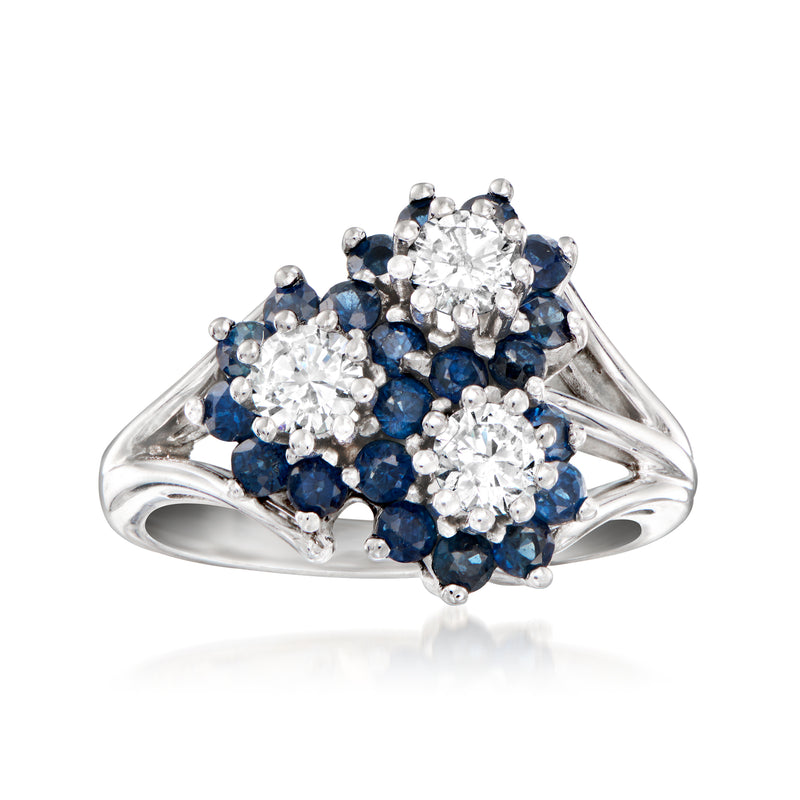 Vintage sapphire and diamond cluster ring in 14kt white gold with three round clusters