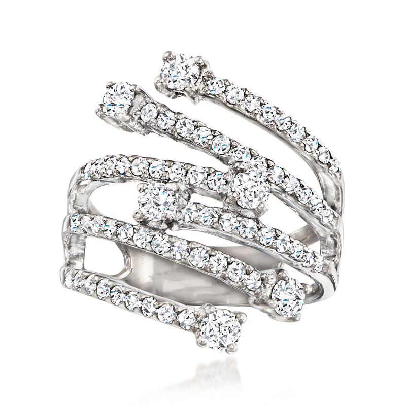 18k white gold diamond highway ring with bright stones in three curved rows