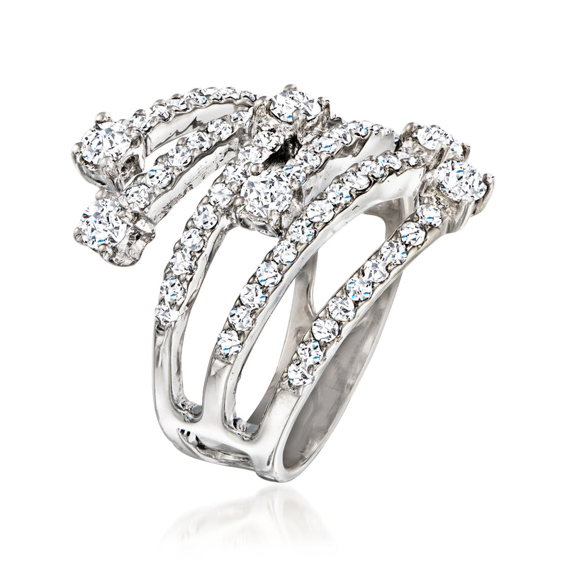 Vintage diamond highway ring in 18k white gold, with three pavé-set diamond rows