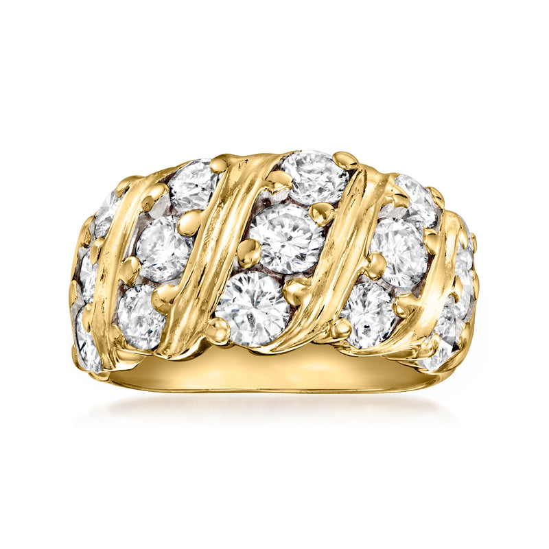 Gold-toned striped ring with round diamonds in raised rows