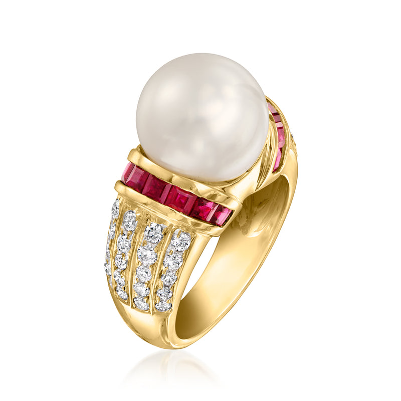 Yellow gold ring side view with white pearl, pink ruby band, and baguette-style diamonds.