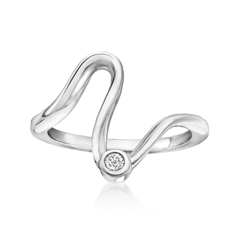 Sterling silver wave ring with bezel-set round diamonds, open crossover design