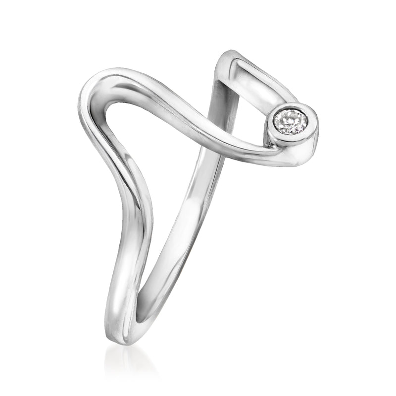 Sterling silver wave crossover ring with bezel-set round diamond cluster on top