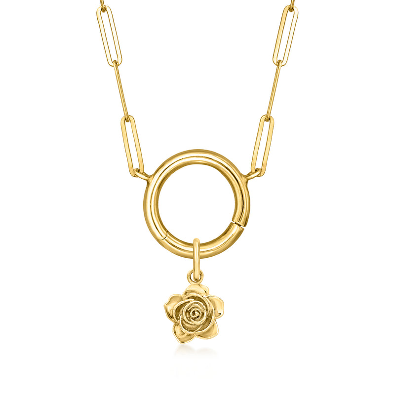 Yellow gold chain necklace with rose charm and circular clasp ring