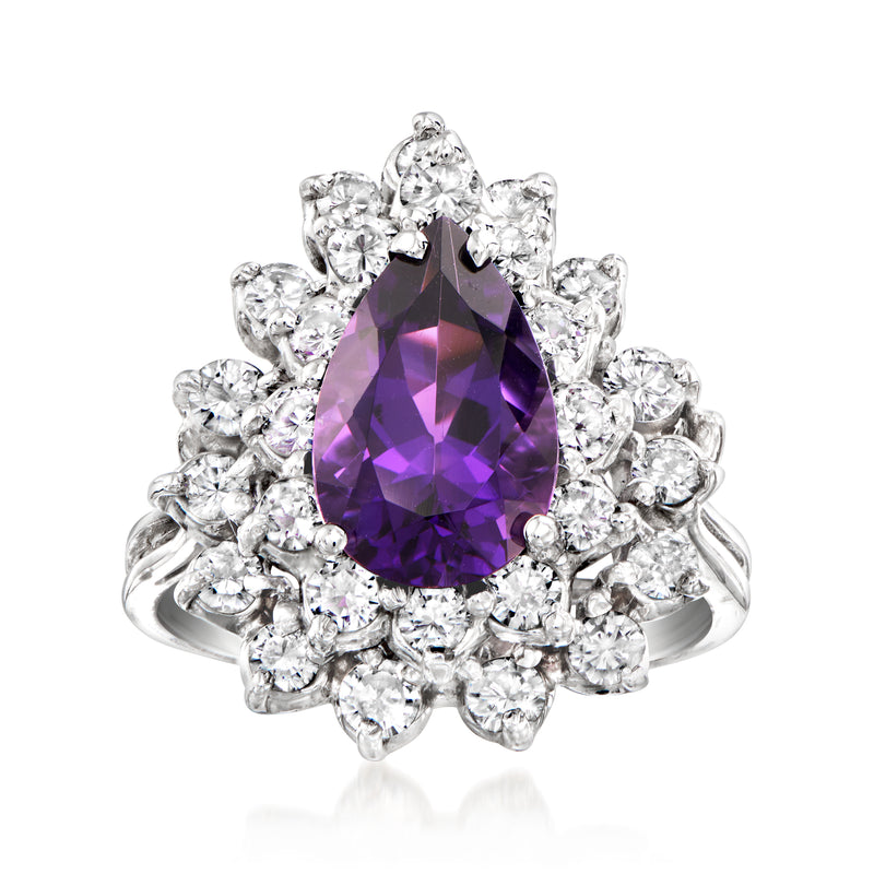 Teardrop amethyst center cocktail ring with diamond cluster halo in white gold