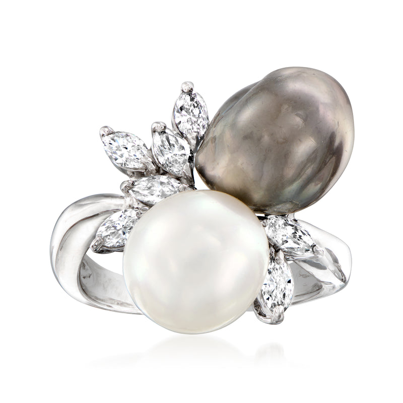 Platinum bypass ring with white cultured pearl, dark gray pearl, and diamond accents