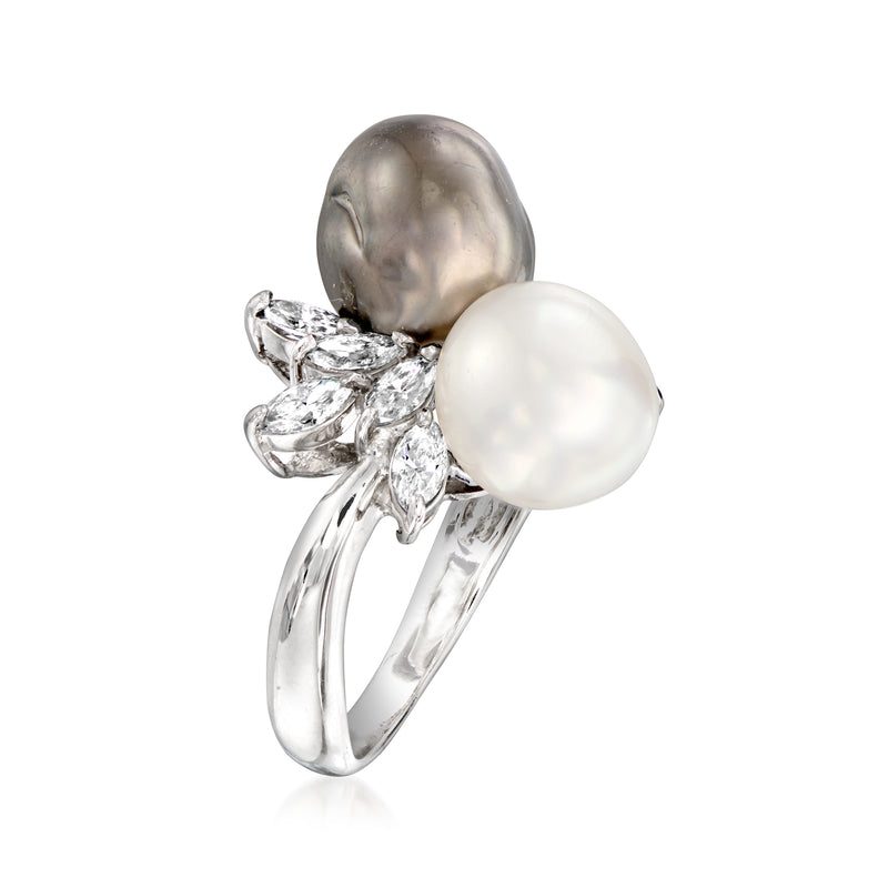 Platinum bypass ring with white and dark gray pearls, marquise diamond cluster