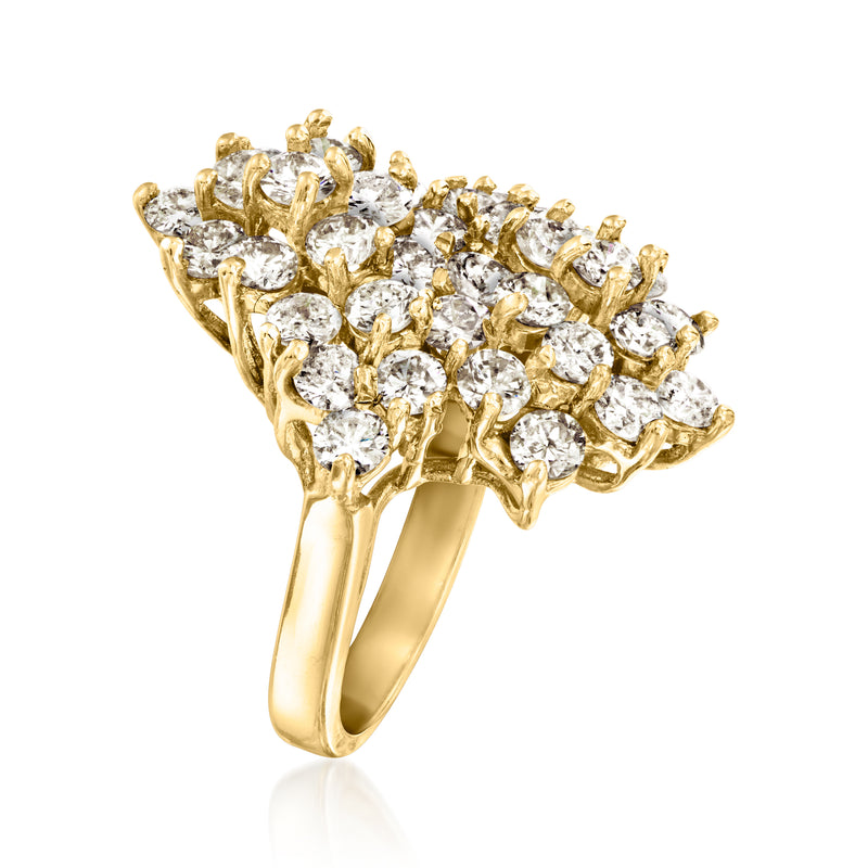 14kt yellow gold diamond cluster ring with round stones, side view of prongs