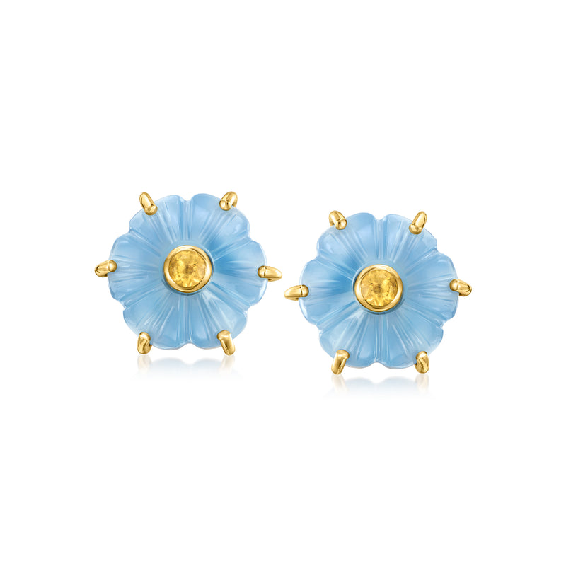 Blue carved flower chalcedony stud earrings with gold posts and round yellow center