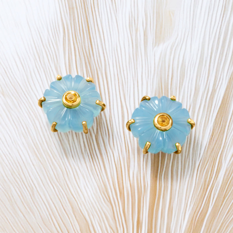 Blue flower chalcedony post earrings with gold prongs and round yellow center
