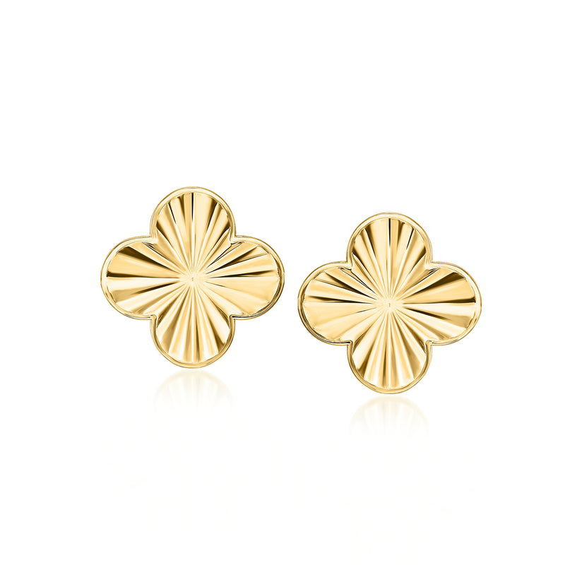 14kt yellow gold clover stud earrings, round ridged flower face