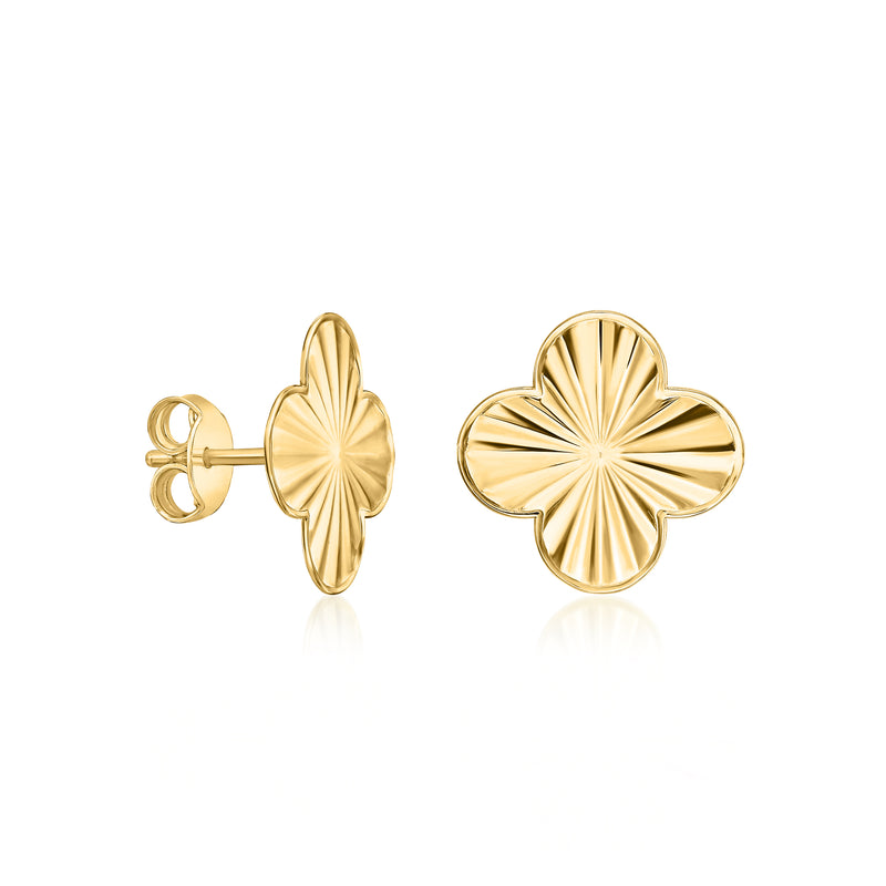 14kt yellow gold clover stud earrings, ridged clover face with stud back