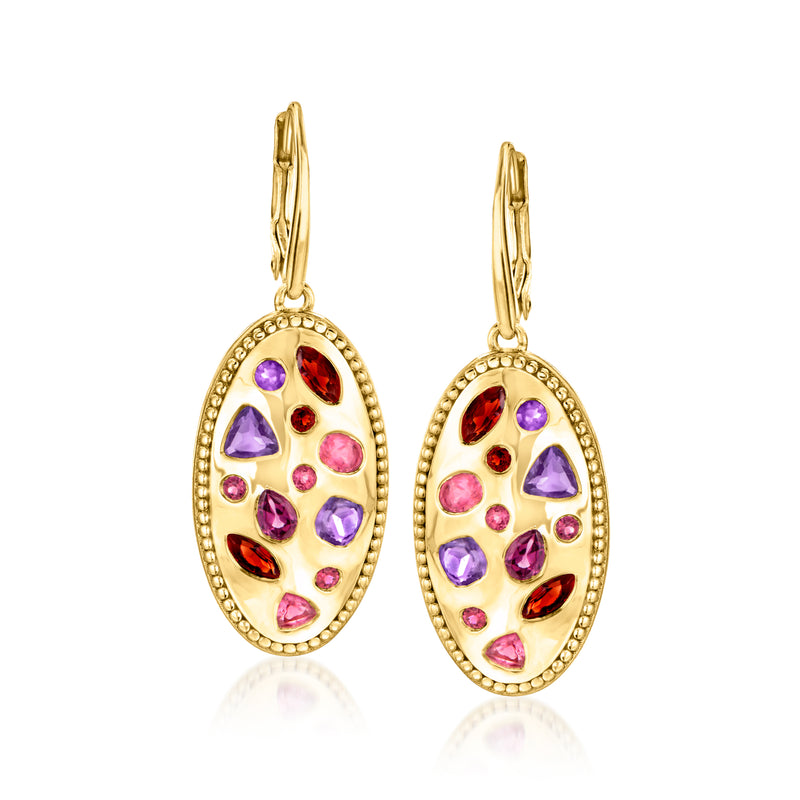 Gold-tone oval drop earrings with purple and red gemstones, leverback backs