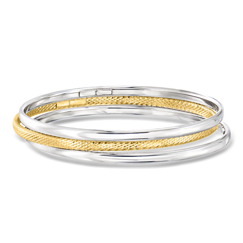 Three bangle bracelets: silver with gold woven center stripe.