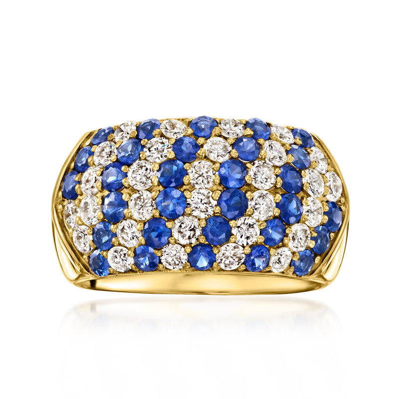 Vintage 18kt yellow gold multi-row ring with sapphire and diamond pave