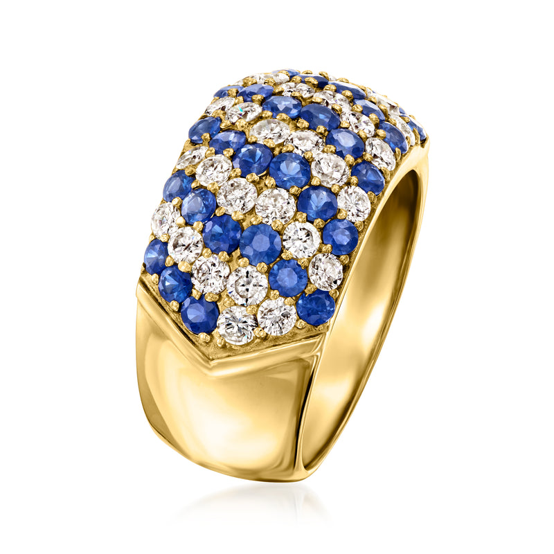 Yellow gold multi-row ring with blue sapphires and white diamonds, rounded top