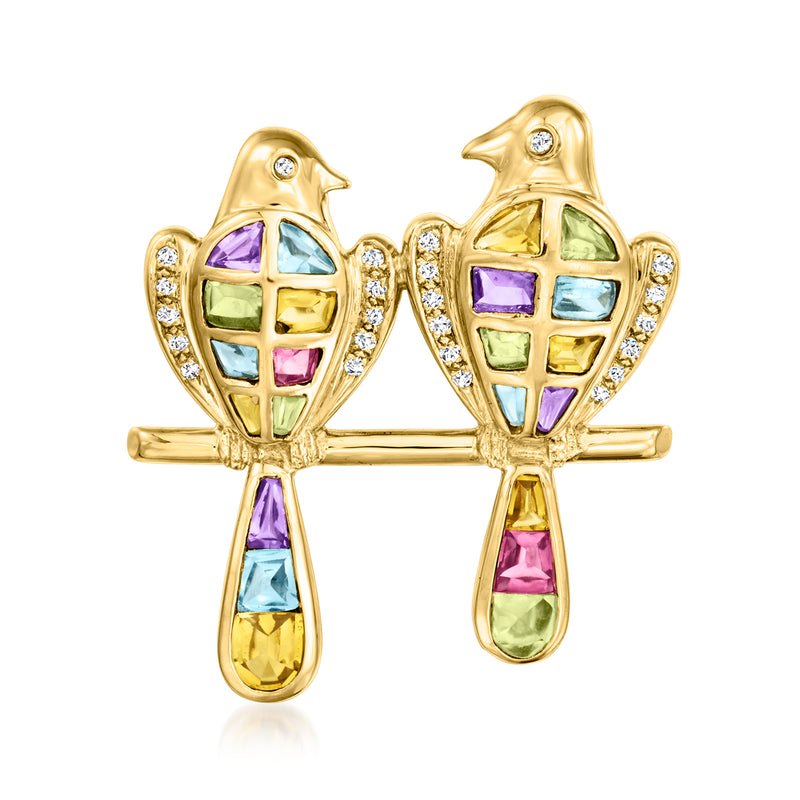 Gold bird brooch pin with multicolor square gemstones and diamond accents