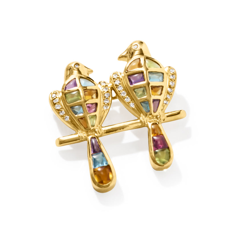 Gold bird brooch pin with multicolor gemstone mosaic and diamond halo details