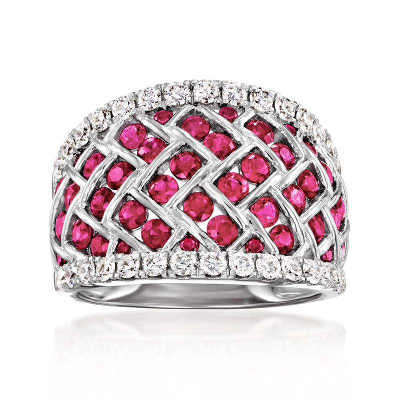 Sterling silver lattice ring with pink ruby-like stones and clear diamond accents