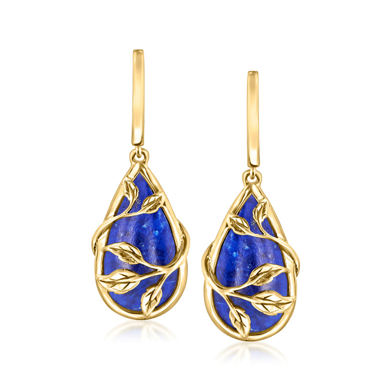 Gold drop earrings with oval blue lapis teardrop charm and gold leaf filigree