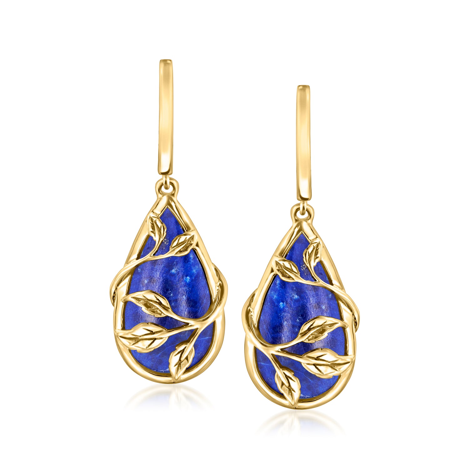 Ross-simons Lapis Leaf Drop Earrings In 18kt Gold Over Sterling