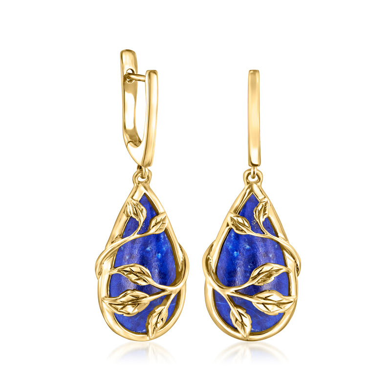 Gold hoop drop earrings with blue lapis teardrop charm and gold leaf detailing