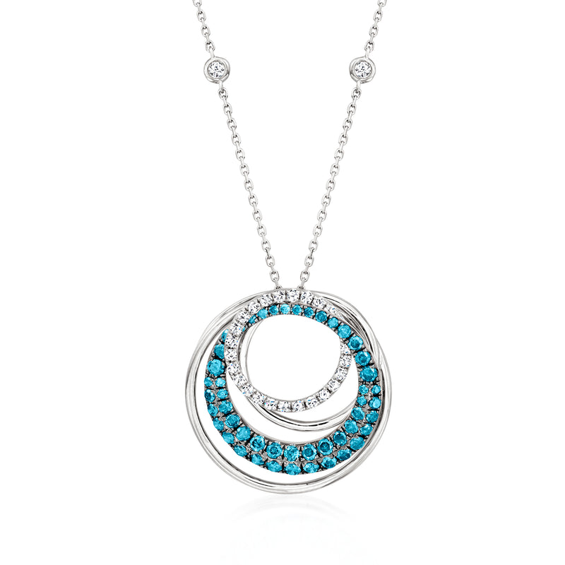 Abstract circle diamond pendant necklace with blue stone bezel, white gold chain