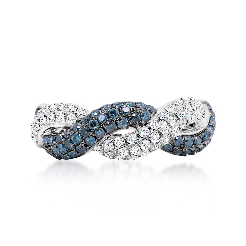Twisted diamond ring in 14kt white gold with blue and white stones, top view