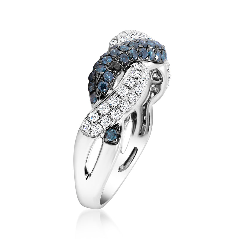 Twisted diamond ring in 14kt white gold with blue and white stones, angled view