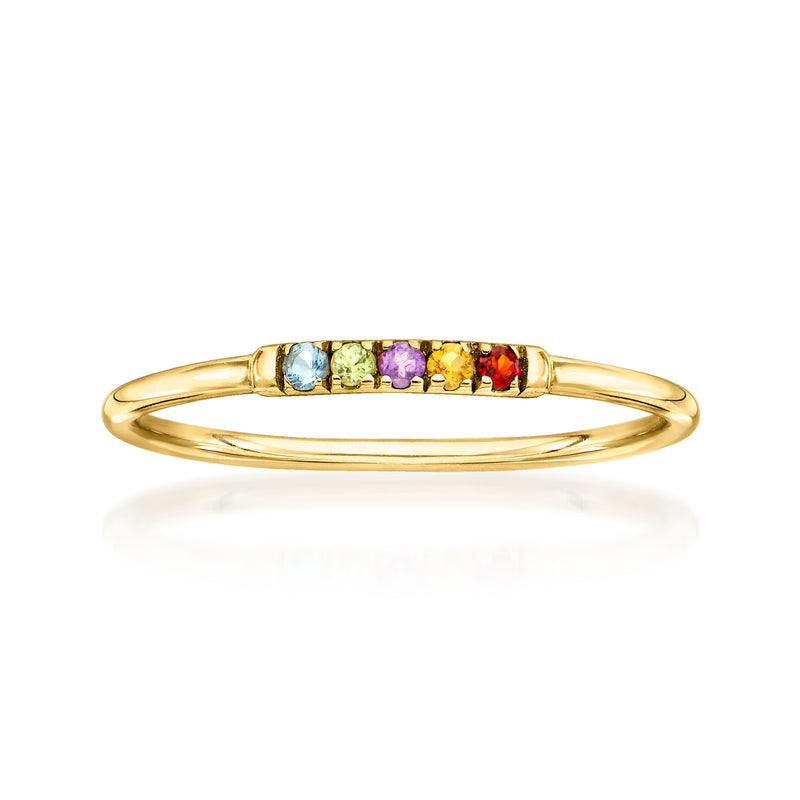 10kt yellow gold band ring with multicolor gemstones in a row