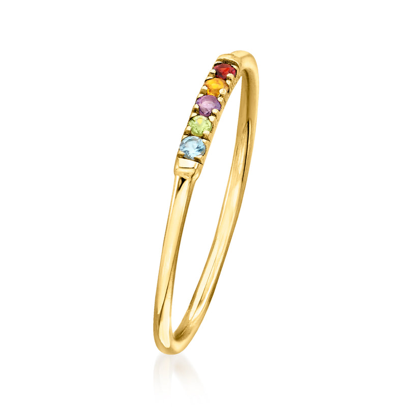 Slim 10kt yellow gold ring with multicolor gemstone row, side view