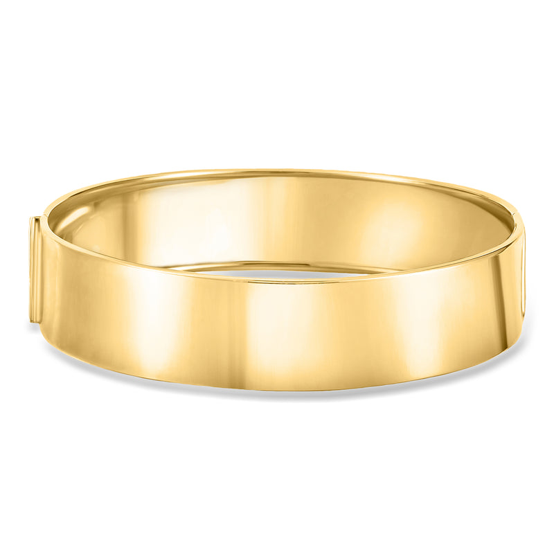 Yellow gold bangle bracelet, wide smooth oval cuff with hinged clasp opening
