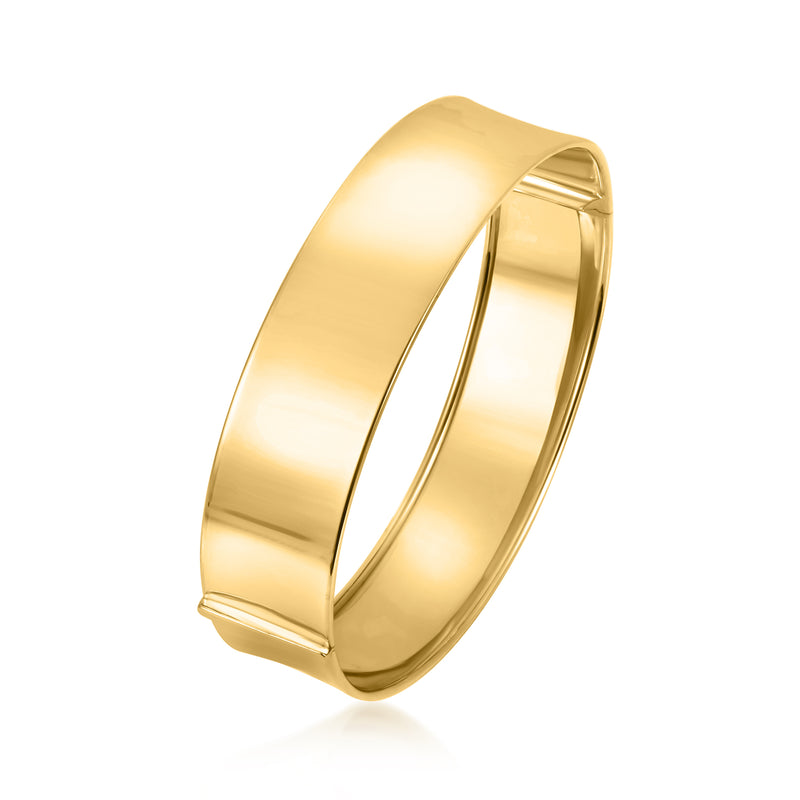 Yellow gold bangle bracelet, curved wide cuff with visible opening seam