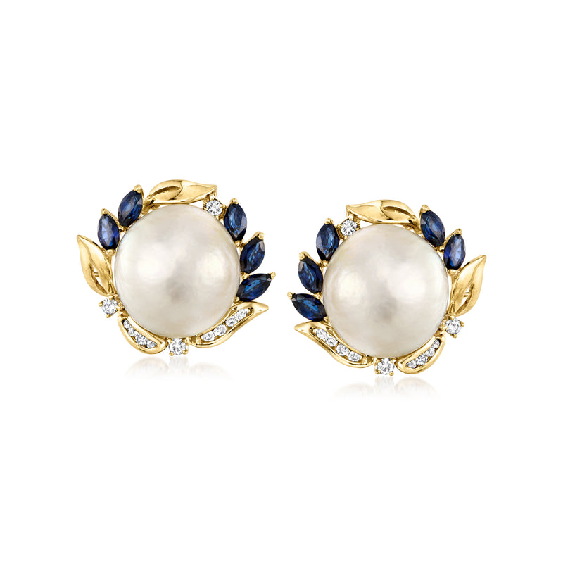 18kt yellow gold earrings with round cultured pearl, blue sapphires, and diamond halo