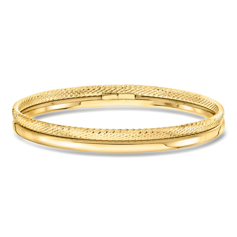Gold over sterling bangle bracelet with braided textured border and smooth center