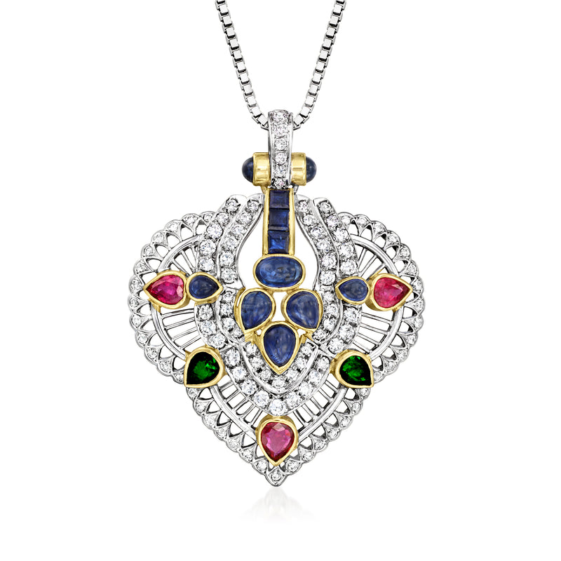 Two-tone gold pendant necklace with spade-shaped multi-gem heart and diamond border