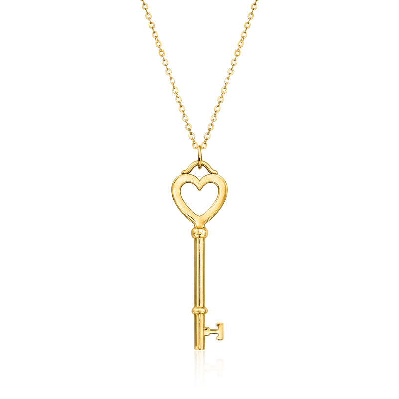 Yellow gold heart and key pendant necklace with fine chain