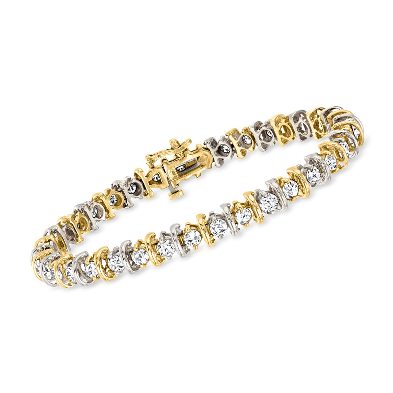 Two-tone 14kt gold diamond tennis bracelet with alternating bead settings