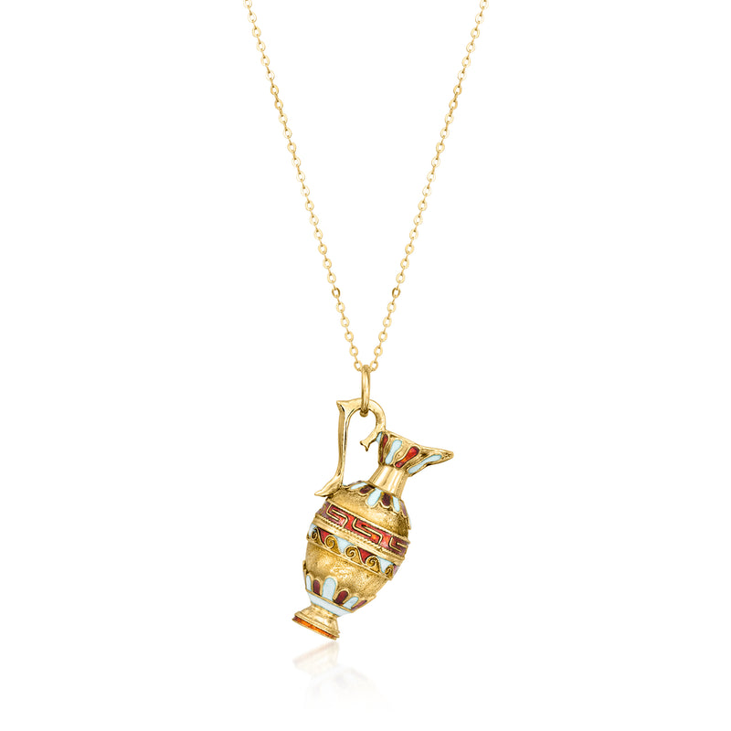 Vintage enamel pitcher pendant necklace with multicolor details on yellow gold chain