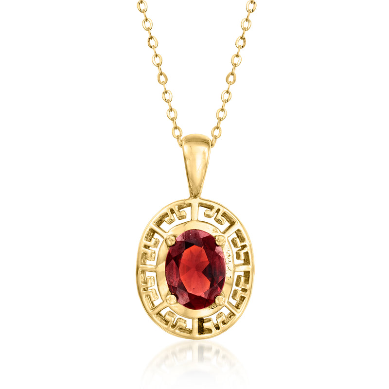 10kt yellow gold pendant necklace with round garnet and Greek key bezel