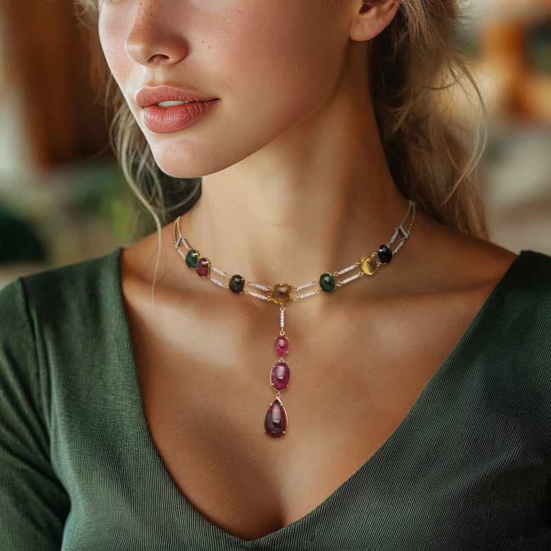Two-tone gold gemstone necklace worn on model, multicolor beads with teardrop drop pendant