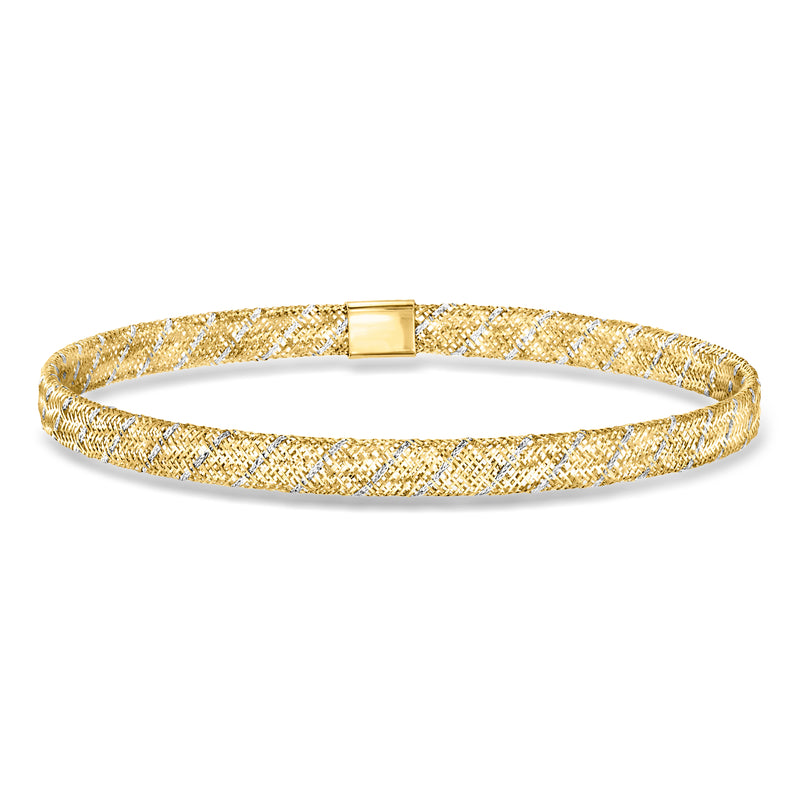 Two-tone gold mesh stretch bracelet with slim rectangular clasp