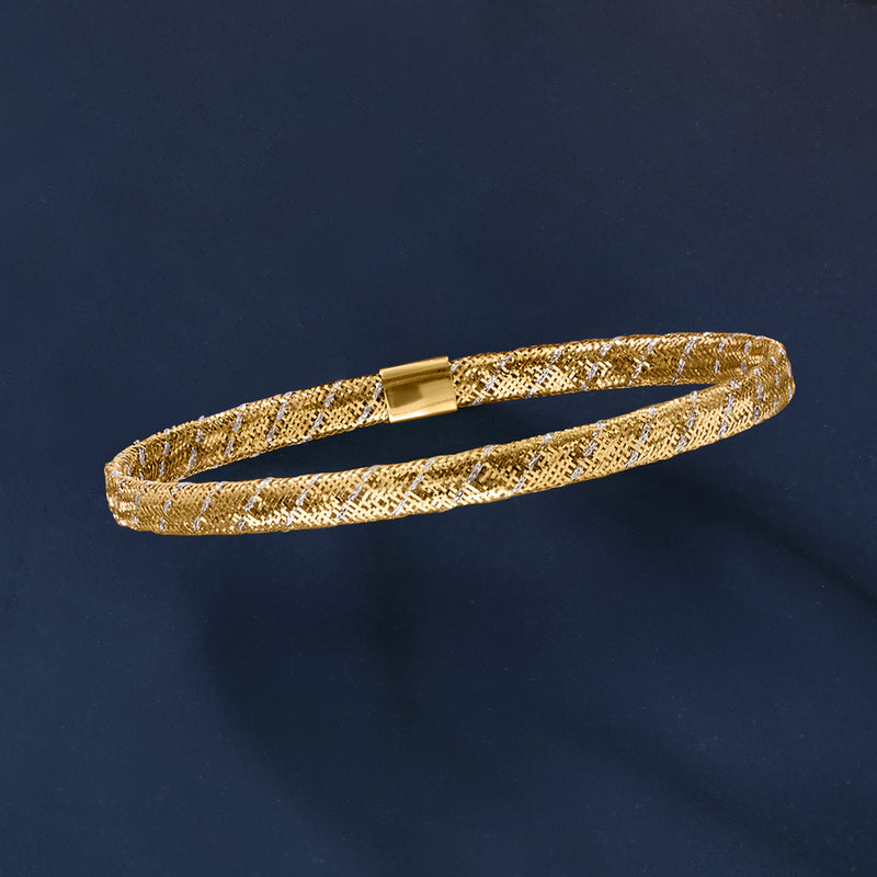 Gold mesh stretch bracelet with flat texture and rectangular clasp