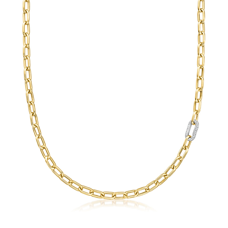 Two-tone gold paper clip link chain necklace, oval links with polished shine