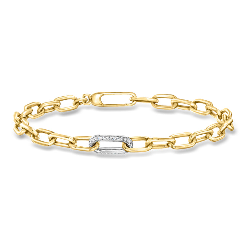 Two-tone gold link bracelet with rectangular clasp and small diamond accents