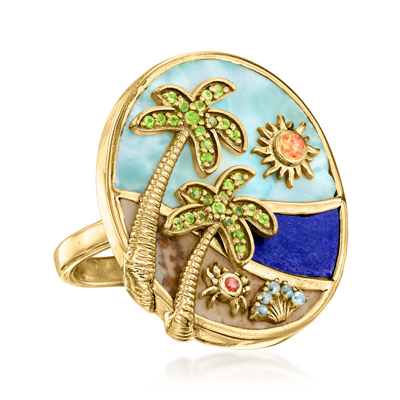 Gold-tone beach ring with two palm trees, sun, shell and coral motifs, oval gemstone bezel
